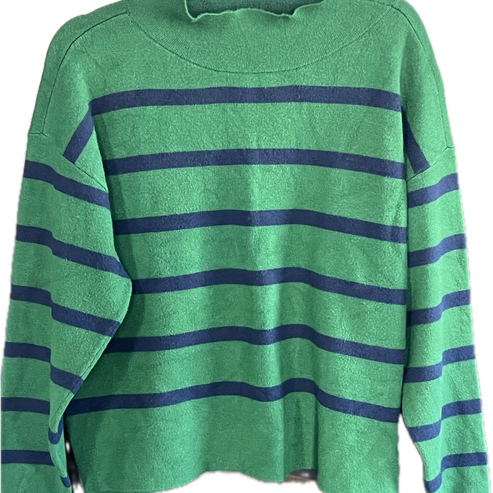 Maeve Green and Navy Striped Turtleneck Sweater
